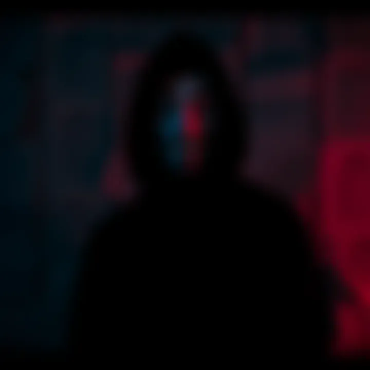 A figure wearing an Anonymous mask stands in shadow, symbolizing the group's silence on the Epstein case, with a backdrop of dimly lit files and documents.