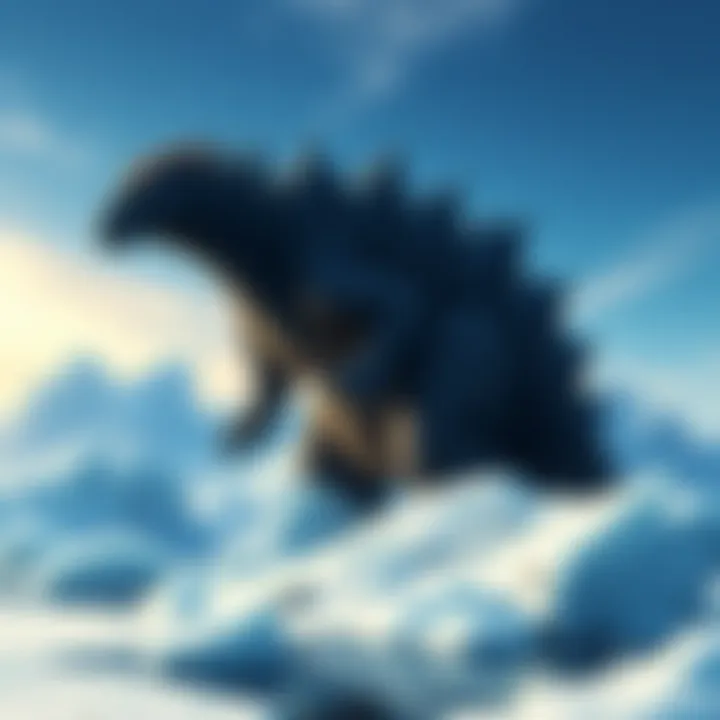 Artwork depicting the Antarctic Godzilla, a mammalian creature with a monkey-like face and dark brown hair, set against an icy landscape.
