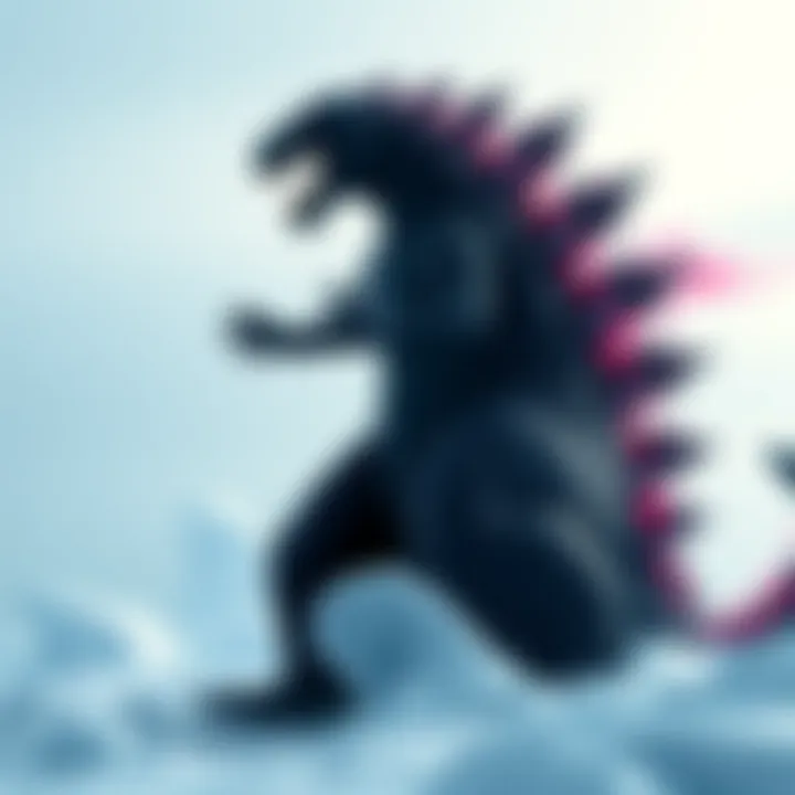 A digital creature inspired by Godzilla, featuring a blend of horror and creativity with impressive design elements, set against a snowy Antarctic background.