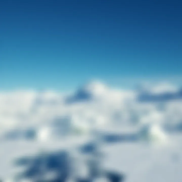 A vast icy expanse of Antarctica with mountains and icebergs under a clear blue sky.