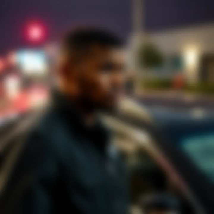 Anthony Joshua standing beside his damaged car after the crash, looking concerned and thoughtful.