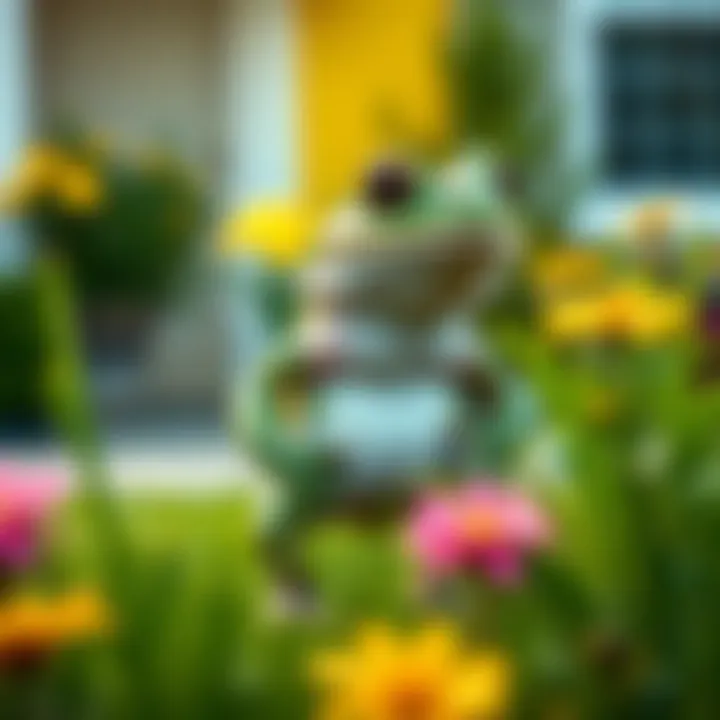 A green anthropomorphic frog standing in a front yard, surrounded by grass and flowers, looking curious.