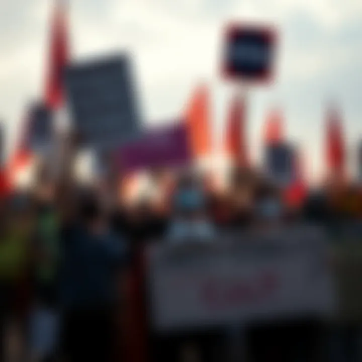 A group of people protesting against an anti-reality cult, holding signs and banners
