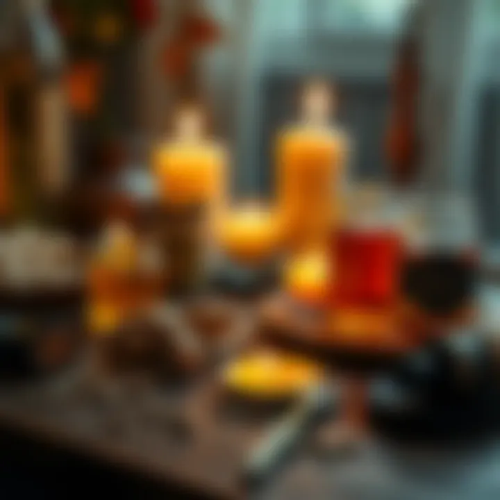 Anti-Anxiety Spell Ingredients Honey, ginger, and candles arranged on a table for an anti-anxiety spell.