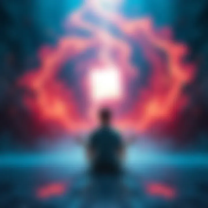 A person meditating in a serene environment, surrounded by swirling energy that represents counteracting manifestation forces.