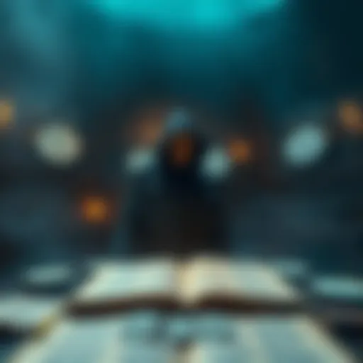 A shadowy figure representing the Antichrist concept amidst biblical writings and clocks suggesting an approaching timeline.