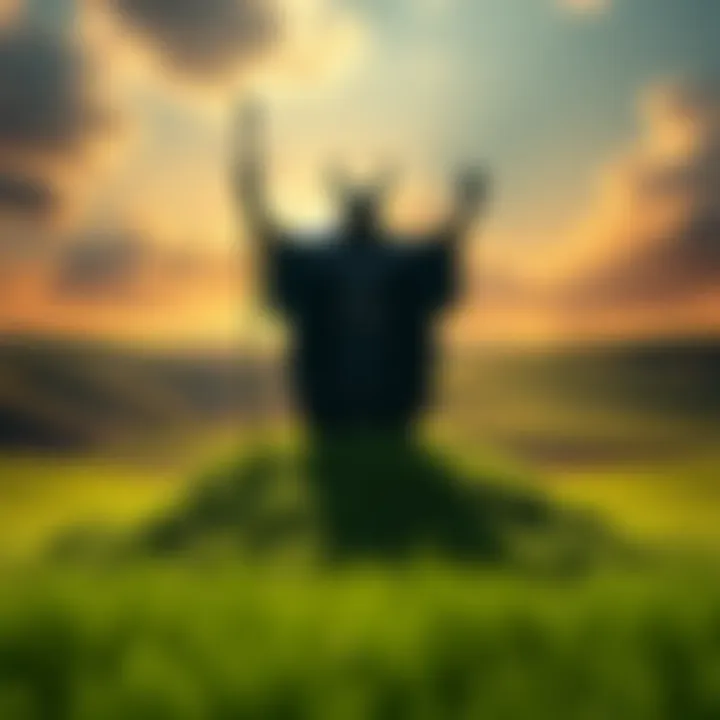 A figure representing the AntiChrist stands triumphantly over a green field, symbolizing the revival of barren land.