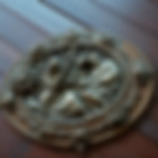 A detailed antique copper wall plaque depicting a scene, possibly religious in nature, with intricate designs