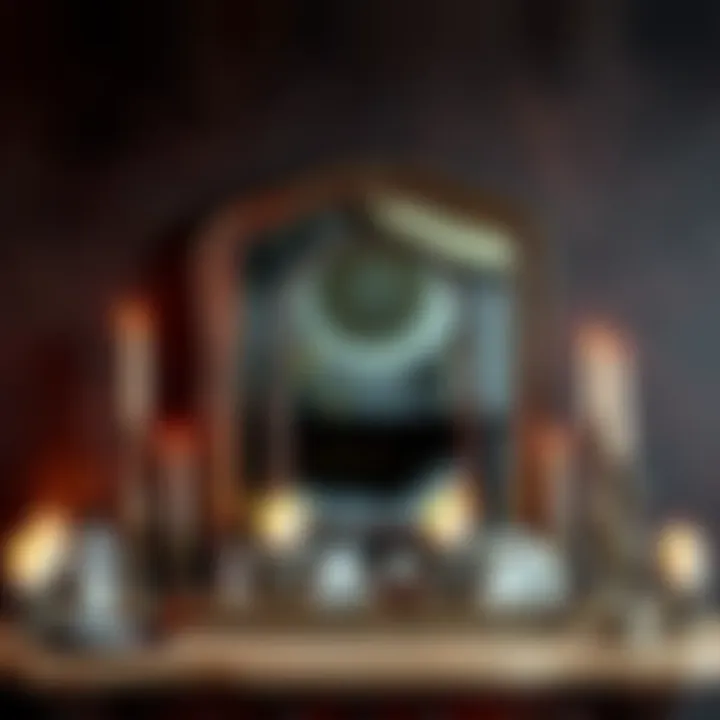 Antique mirror on an altar An antique mirror placed on a wooden altar with candles and crystals around it