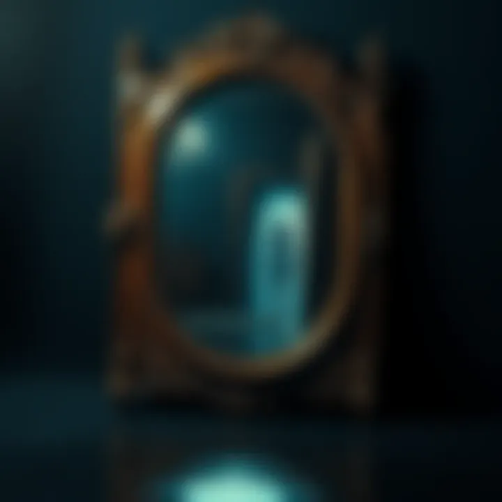 An antique mirror reflecting a dimly lit room, with a faint outline of a girl appearing trapped within it.