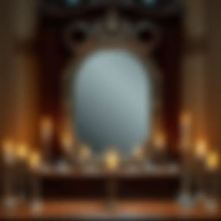 A detailed view of an antique silver-plated mirror placed on a wooden altar, surrounded by candles and crystals, reflecting soft light.