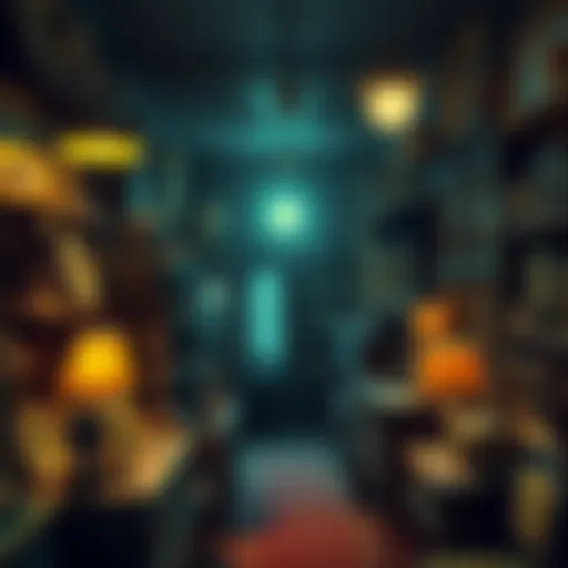 A cozy antique store filled with various vintage items, suggesting a ghostly presence with soft lighting and shadows.