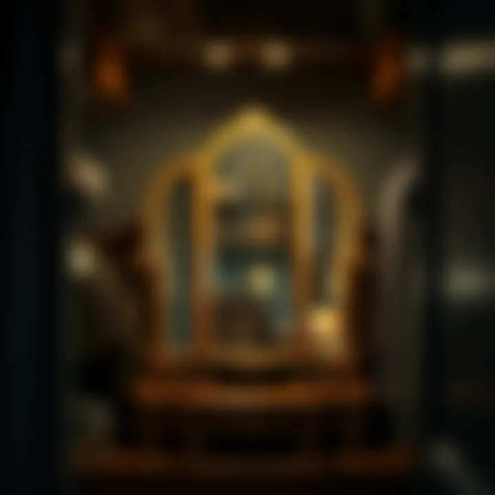 A vintage trifold mirror in a dimly lit closet, with reflections of the surrounding items.