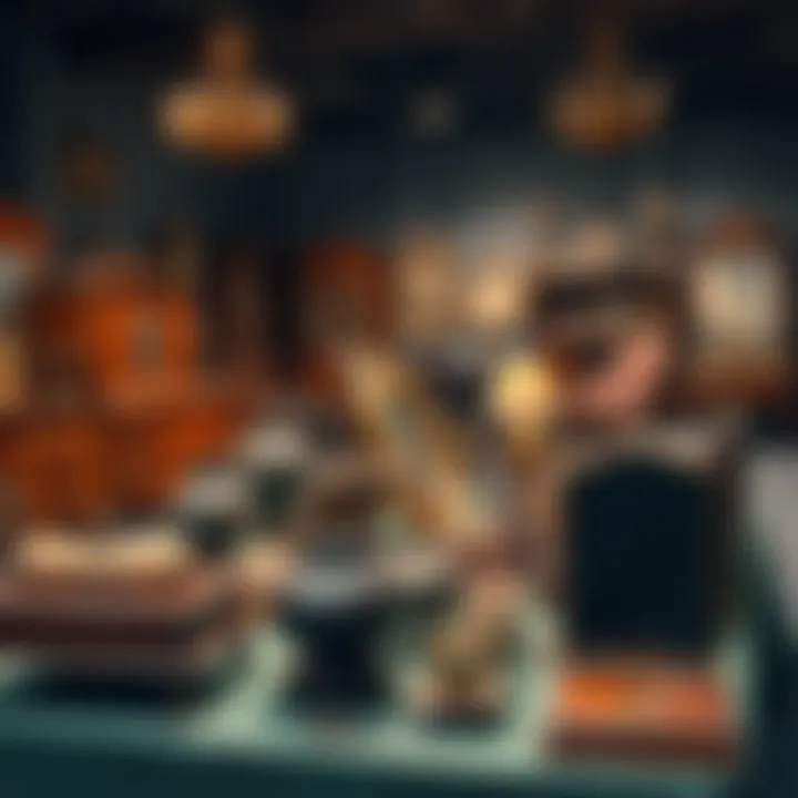 Antiques displayed on a table A variety of antique items including furniture and collectibles laid out for evaluation