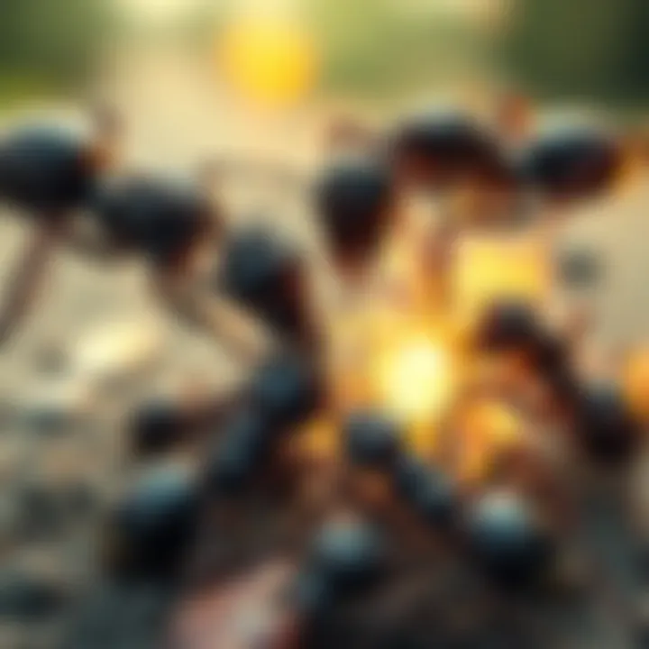 A scene showing large ants clashing, with some ants being pushed back, symbolizing a power struggle among ant species.