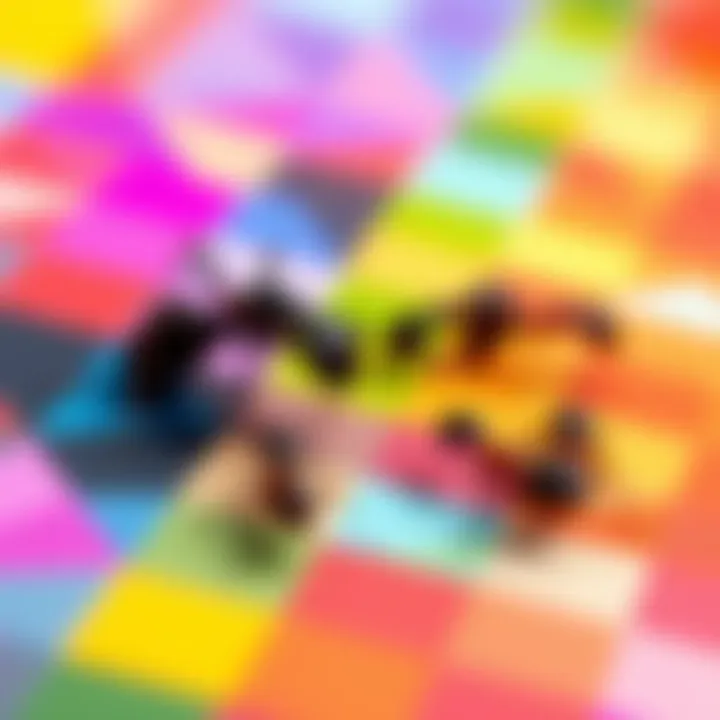 A group of ants working together on a colorful geometric pattern on a surface, showcasing their teamwork and vibrant colors.