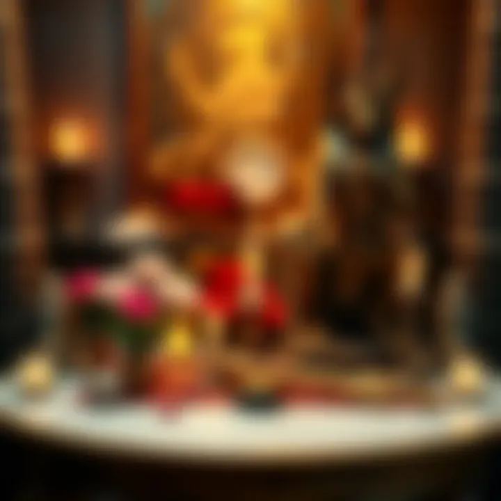 Anubis altar setup An altar dedicated to Anubis featuring flowers, incense, and decorative items, without any candles, suitable for small spaces