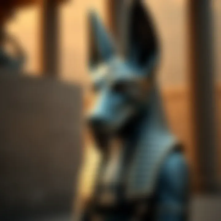 A close-up view of a statue representing Anubis, the Egyptian deity, showcasing a jackal-headed figure with intricate details.