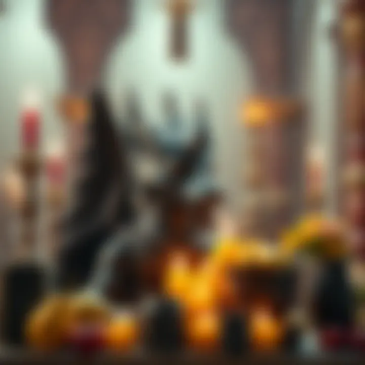 Anubis Statue with Offerings A statue of Anubis, the ancient Egyptian god, surrounded by candles and offerings like fruits and flowers.