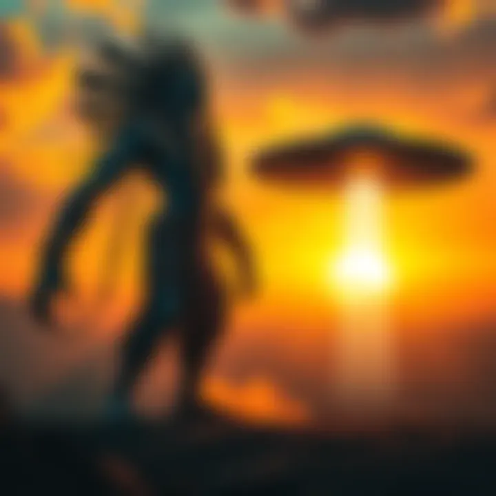 An artistic depiction of an ancient giant alongside a UFO, representing ancient alien theories and technology.