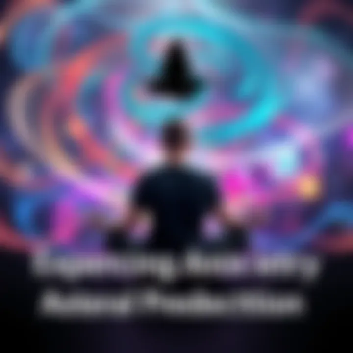 Anxious Meditator During Astral Projection A person sits cross-legged with closed eyes, looking anxious, surrounded by swirling colors representing astral projection, while a silhouette of a figure hovers above them.