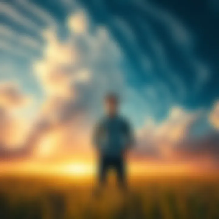A person standing in a field with a worried expression, surrounded by swirling clouds representing anxiety and changing energy.