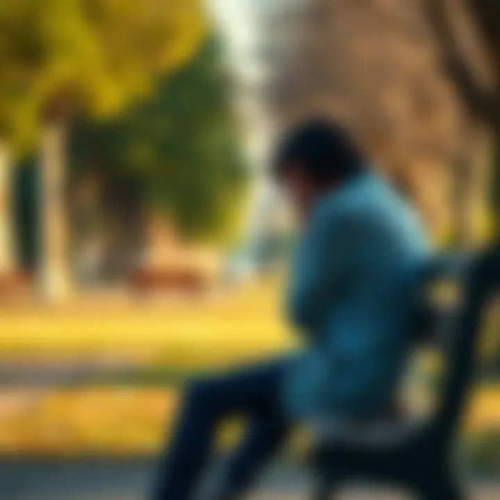 A person sits on a park bench with their head in their hands, showing signs of anxiety and fear, surrounded by a quiet park setting.