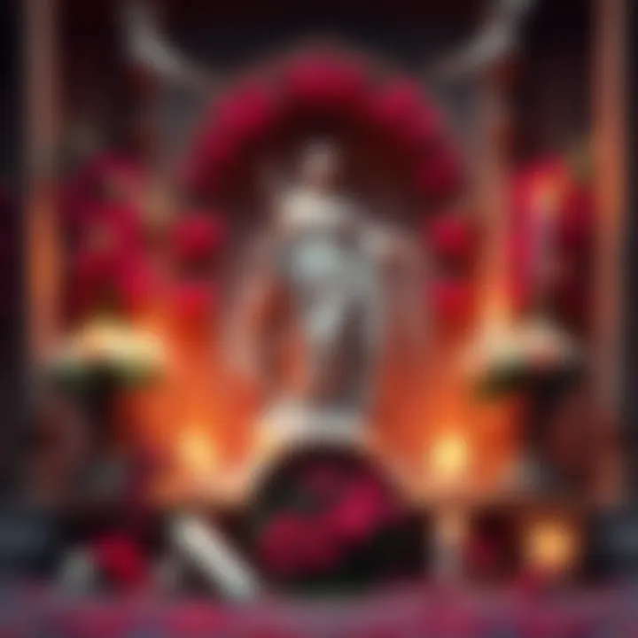 A decorated altar dedicated to Aphrodite with flowers, candles, and offerings.