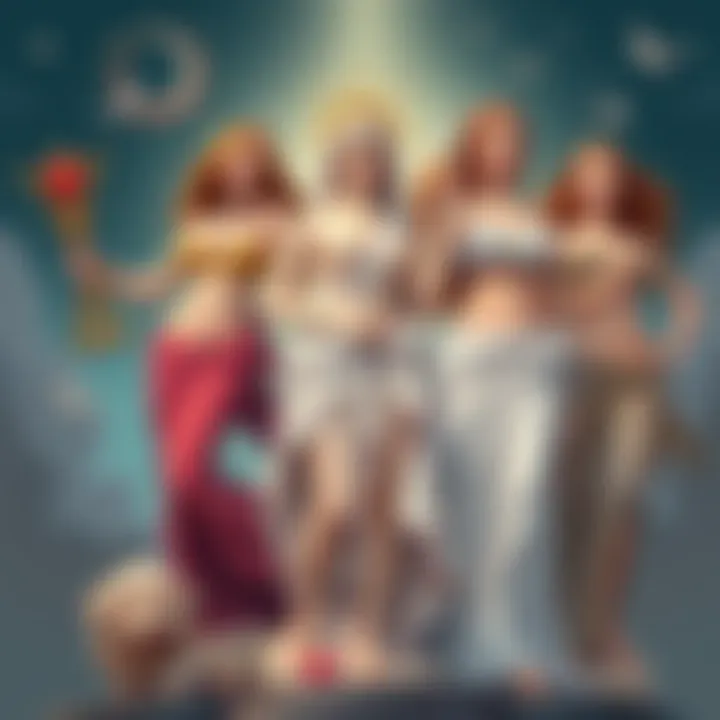 Illustration showing the four representations of Aphrodite: Ourania, Pandemos, Urania, and Areia, each depicted with distinct symbols and attributes representing love and beauty.