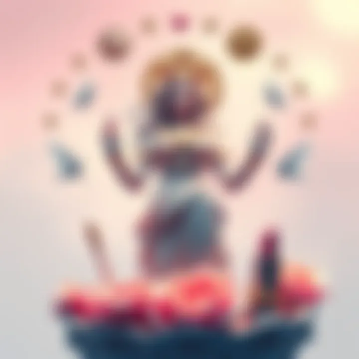 A serene depiction of a goddess figure surrounded by symbols of love and beauty, set against a pastel background.