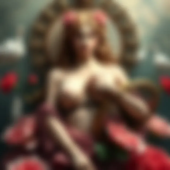 Aphrodite surrounded by symbols representing her epithets, including flowers and a mirror, showcasing her beauty and significance in mythology.