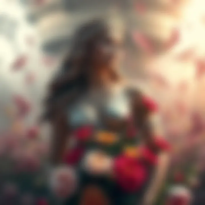 Aphrodite, the Greek goddess of love, stands gracefully surrounded by vibrant flowers, embodying beauty and peace amid a contrasting backdrop of chaos.