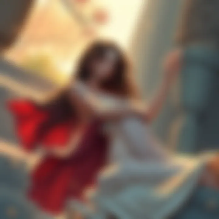 A depiction of Aphrodite interacting with Polyphonte in an ancient Greek setting, showcasing elements of Greek mythology.