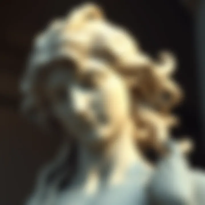 Aphrodite Statue A close-up of a marble statue of Aphrodite, showcasing her graceful features and flowing hair, surrounded by soft natural light.
