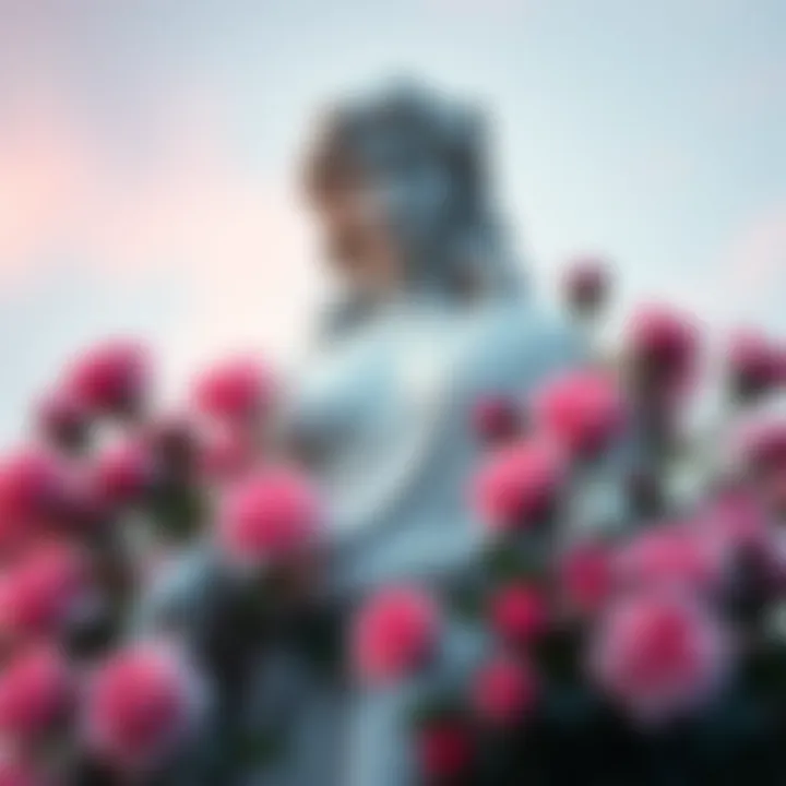 Aphrodite statue surrounded by flowers A serene statue of Aphrodite with blooming roses around it, symbolizing beauty and self-love