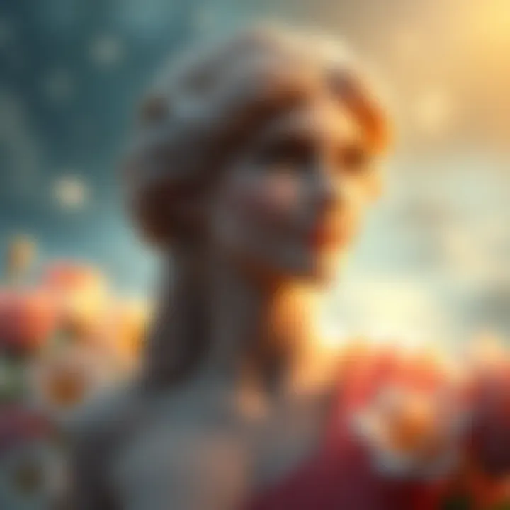 Aphrodite portrayed with a gentle smile, surrounded by flowers and soft light, symbolizing love and compassion