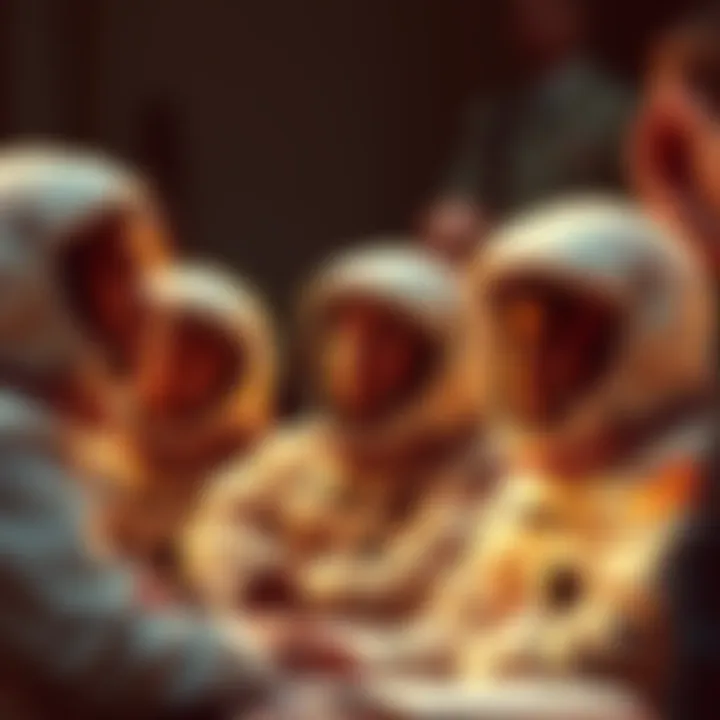 Apollo 11 astronauts looking uneasy during their first press conference, with reporters in the background.
