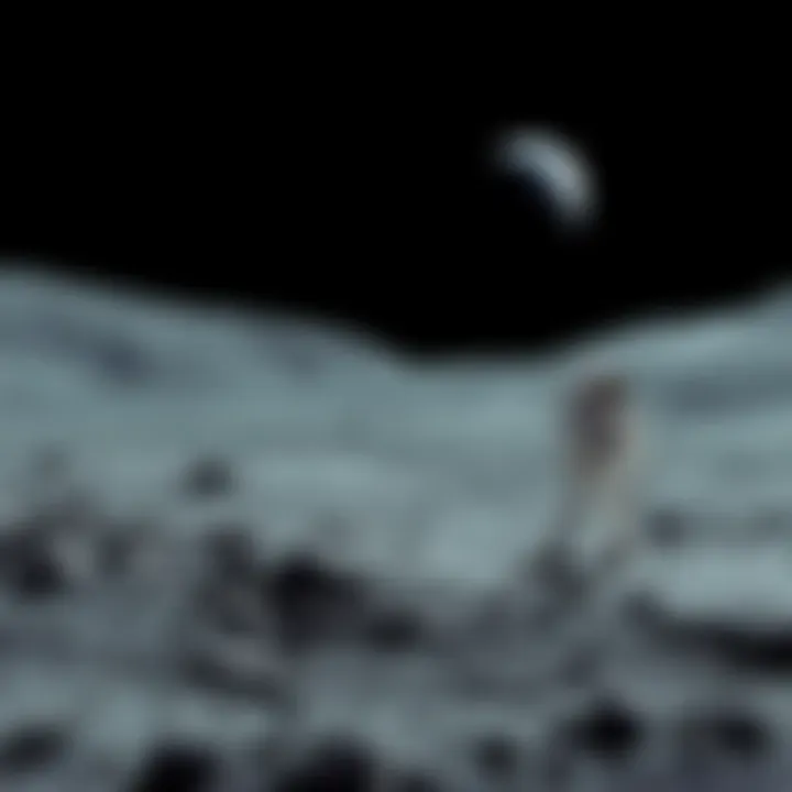 Astronaut on the moon with Earth in the background, exploring the lunar surface.