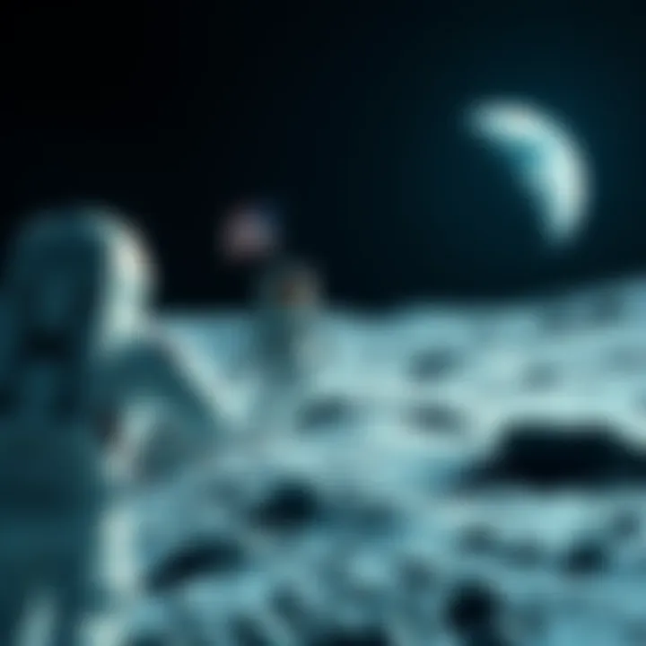 Apollo 18 Mission Concept An artist's interpretation of astronauts on the moon during the Apollo 18 mission, with Earth visible in the background.