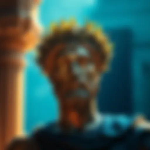 A figure representing Apollo wearing a laurel wreath, surrounded by sunlight and shadow, symbolizing his dual nature in mythology.