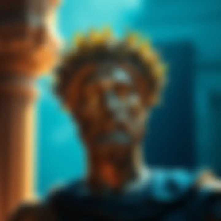 Apollo with laurel wreath A figure representing Apollo wearing a laurel wreath, surrounded by sunlight and shadow, symbolizing his dual nature in mythology.