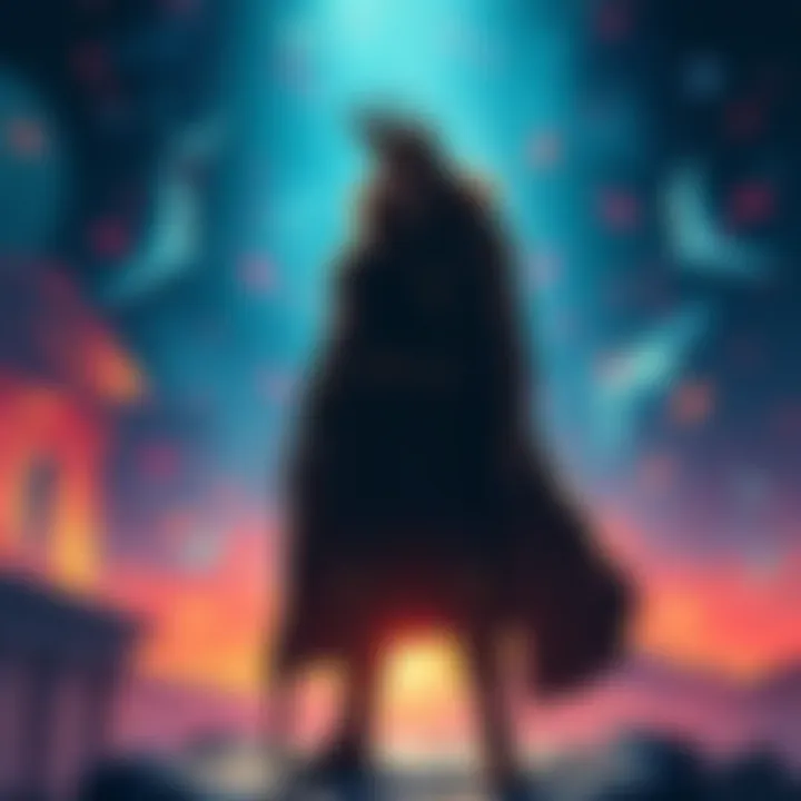 Apollon stands confidently in a vibrant scene, highlighting his role as the main character, with a shadowy space representing the absence of Artemis.