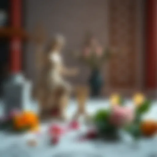 A serene scene depicting offerings made to Aphrodite and Ares, with flowers and a small statue of each deity