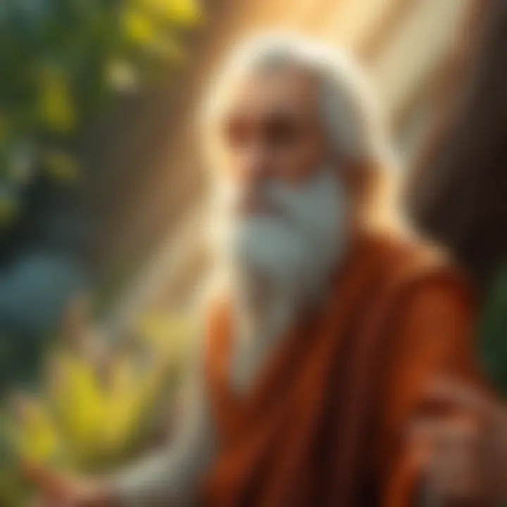 An illustration of the Apostle John, depicted as an elderly man with a gentle expression, surrounded by nature and light, symbolizing his enduring presence and faith.