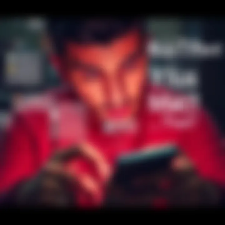 A person looks frustrated at their phone while typing, showing autocorrect errors and notifications from social media apps