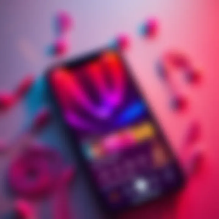 A collection of vibrant Apple Music playlists displayed on a smartphone screen with music notes around.