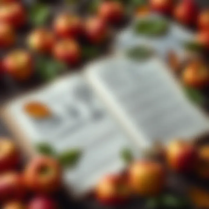 A collection of old manuscripts about apple trees on a wooden table, surrounded by apples and leaves.