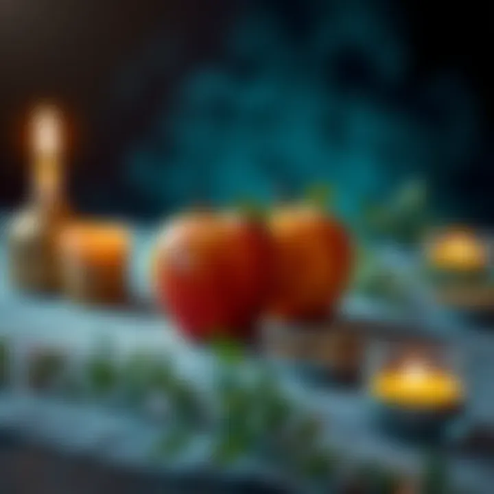 Apples and Love Spells Two apples on a table with a candle and herbs, representing love spells and magical rituals