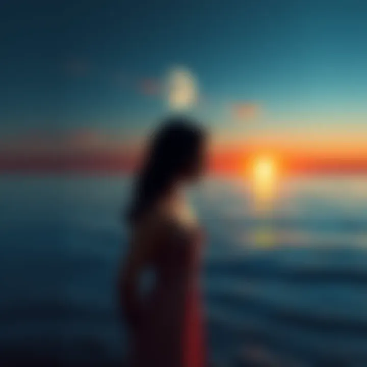 A person standing at the edge of a calm ocean, reflecting deep emotions, with a sunset in the background symbolizing fiery passion.