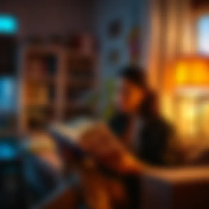 A person born under the sign of Aquarius reading the Bible, reflecting on faith and accountability, sitting in a cozy room with warm lighting.